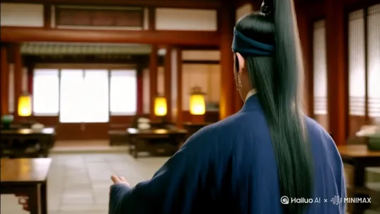 中景范围，符合中国古代客栈景物，客栈大厅内，镜头从书生背后切入，书生坐在桌旁镜头右转到书生正脸慢慢拉近，书生脸上从满脸愁容渐渐到豁然开朗的表情，最后镜头聚焦到书生坚定微笑的表情。 by Hailuo AI Video Generator