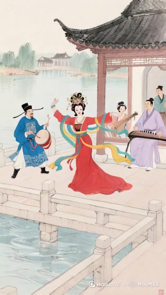 ：一座临湖的水榭上，几位古人正在进行一场欢乐的表演。水榭中央，一位身着大红色拖地长裙、头戴凤冠霞帔的女子翩翩起舞，身姿婀娜，彩带随风飘动。旁边一位身着宝蓝色锦袍、头戴乌纱帽的男子，一边敲着细腰鼓，一边随着节奏晃动身体。水榭一侧，一位身着淡紫色长衫的年轻男子手持古筝，专注弹奏。画面采用中国水墨画手法，兼具张大千风格的瑰丽奇幻与齐白石画风的清新自然，营造出喜庆欢快的氛围。 by Hailuo AI Video Generator