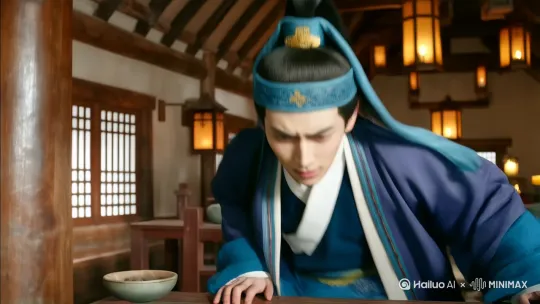远景拉近，古代客栈大厅内，一位书生背对着坐在桌子旁，镜头右转到书生正面，镜头聚焦慢慢拉近，书生脸上从满脸愁容渐渐到豁然开朗，最后书生露出一个坚定微笑的表情。 by Hailuo AI Video Generator