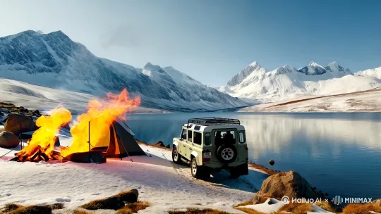 路虎卫士在高原雪山湖泊边露营，帐篷边生起篝火，生成手机竖屏高清视频。 by Hailuo AI Video Generator