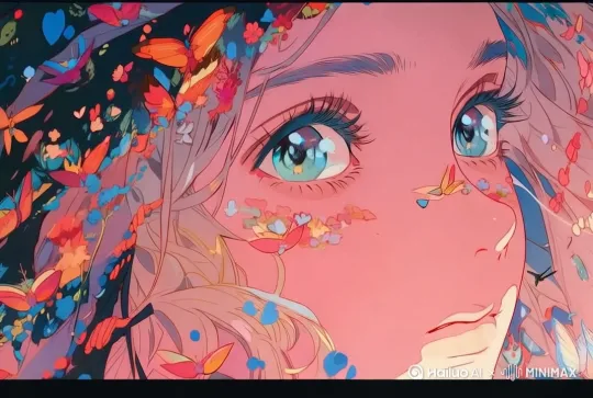 一位金发少女闭上眼睛然后睁开，头发缓缓飘动，花朵和蝴蝶在她的脸部飘过，色彩鲜艳，给人一种梦幻般的感觉。画面风格为2D动漫，整体氛围温暖而梦幻，光线柔和，突出了她的眼睛和头发的细节。 by Hailuo AI Video Generator