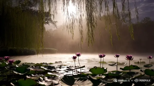 月光如潺潺的流水一般,静静地倾泻在这一片叶子和花上,给它们披上了一层银纱。薄薄的青雾在荷塘里缓缓浮起,让叶子和花仿佛在牛乳中洗过一样,洁白而温润;又好似笼着轻纱的梦,朦胧而迷人。虽说此时是满月,然而天上却有一层淡淡的云,所以月光不能朗照。但这恰到好处的朦胧,反倒别有一番韵味。酣眠固然美好,可小睡也自有它的独特风味。月光透过树的缝隙洒下,高处丛生的灌木,落下参差的斑驳黑影,看上去峭楞楞如鬼一般;而弯弯的杨柳那稀疏的倩影,却又像是精心画在荷叶上的水墨画,别具一格。微风吹来,柳枝拂动,荷叶与荷花随风轻轻的摇摆,蛙声,蟋蟀声连成一片,这是夏季的交响乐。大片场景,32K高清。 by Hailuo AI Video Generator