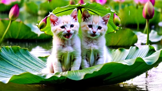 天空下着雨，超大的荷叶上坐着一对小奶猫，奶白色毛发，满脸微笑，各自手举着一支小荷叶，荷叶在头顶上，背景是荷塘，有漂亮的荷花和莲蓬，微距实拍景深，超高清，极致细节，4K，3D，电影质感 by Hailuo AI Video Generator
