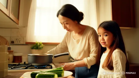 我和我的女儿正在家里做黄瓜,我先把黄瓜放进开水里焯一下。女儿清澈的眼睛一闪一闪的,用稚嫩的声音问我:”妈妈,为什么要放进开水里呢?”我告诉她,这样可以清除黄瓜表面的残留物。我捞起黄瓜,放在案板上拍碎,装在盘子些,加上一勺白醋,一点盐,一点糖,再撒上炒好的花生和芝麻,女儿可爱吃了 by Hailuo AI Video Generator