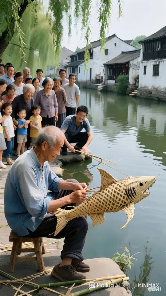 动态跟随。老大爷快速把竹鲨鱼扔进河里，竹鲨鱼瞬间活过来，向着河里游去。画面不扭曲 by Hailuo AI Video Generator