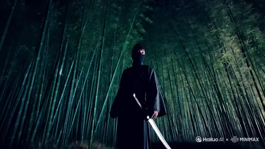 夜幕低垂的幽暗竹林，蒙面侠客身着束腰窄袖古装，执剑凝望弦月，冷峻武侠质感，竹叶在夜风中簌簌飘落，逆光剪影突出人物轮廓，电影颗粒感画面，宽银幕构图展现竹林纵深[上摇,拉远] by Hailuo AI Video Generator