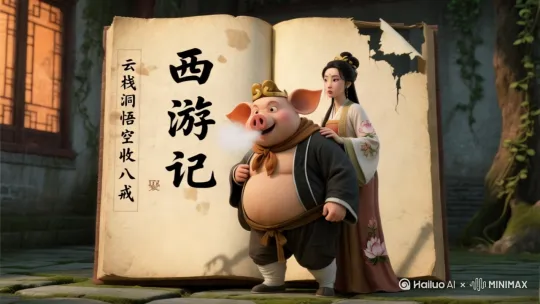 镜头跟随八戒正面，八戒背起高小姐慌忙赶路，镜头特写:高小姐开口说话，镜头后拉:八戒扭头对高小姐说个不停[上升] by Hailuo AI Video Generator