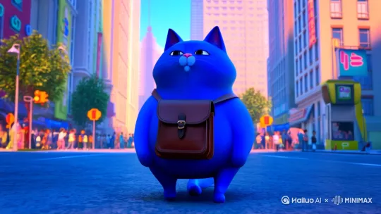 生成一个抖音蓝色的胖猫背着书包去买早饭 by Hailuo AI Video Generator