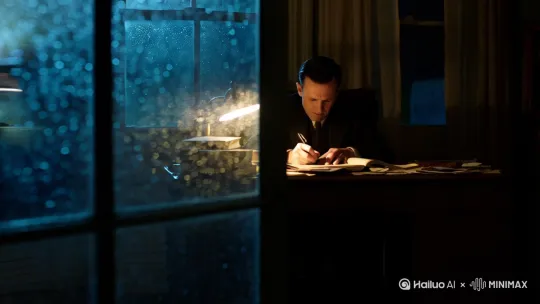 window panes with a rustling sound. Inside the dimly lit room, a detective novelist sat in front of his desk, his pen darting across the paper with remarkable speed. His eyes were focused and profound, as if he had already immersed himself in the mysterious world of the story he was creating. The desk lamp cast a soft glow, stretching his shadow long across the desk cluttered with books and notes. The words on the manuscript gradually accumulated, each one seeming to unveil a secret hidden in the darkness. He would frown in thought at times, and at others, a sly smile would play on his lips, as if he were silently contending with the characters in his story. The silence of the rainy night intertwined with the tension of the story he was weaving, making him even more engrossed in this literary adventure, as if the entire world had vanished, leaving only him and the thrilling tales he was crafting. by Hailuo AI Video Generator