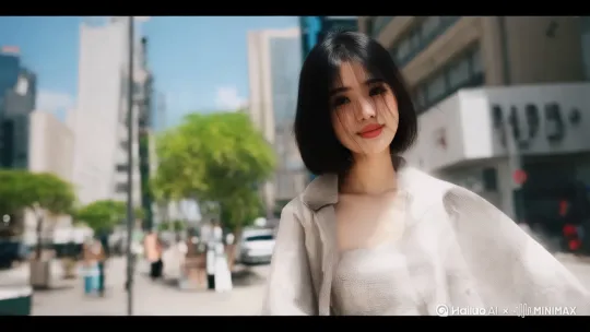 8K高清，凭借大师级构图，漂亮优雅的中国美女走在繁华都市街头，阳光明媚，长发飘飘，面带微笑转身，露出肩膀，画面主体动态呈现，动作自然流畅，环境光，符合逻辑，极致细节，镜头跟拍，超真实动态捕捉。 by Hailuo AI Video Generator