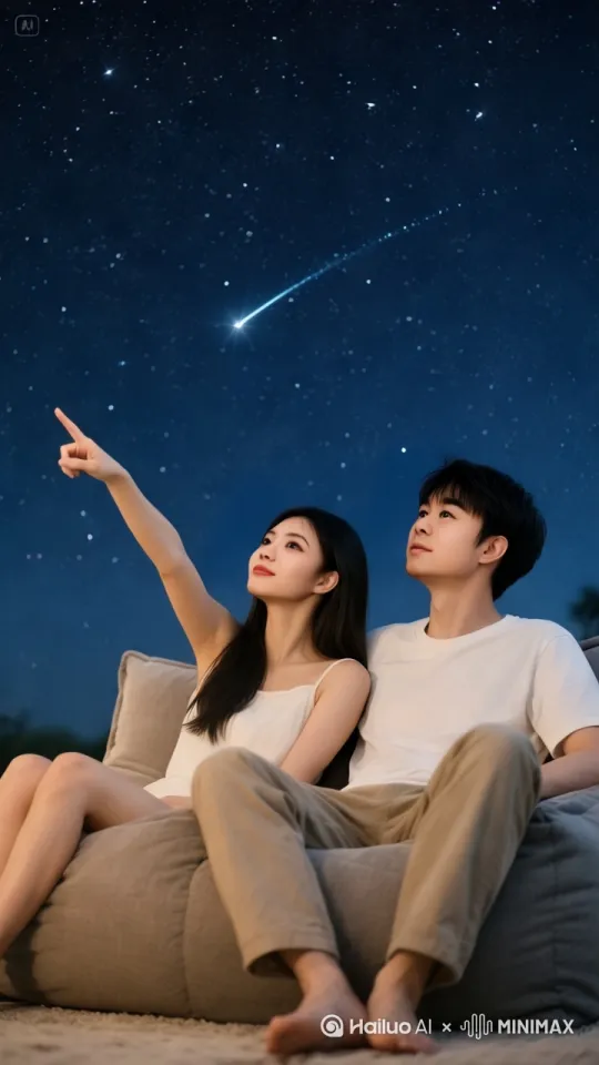 两个人一起看流星划过，繁星点点，夜色宁静，[推进,上升] by Hailuo AI Video Generator