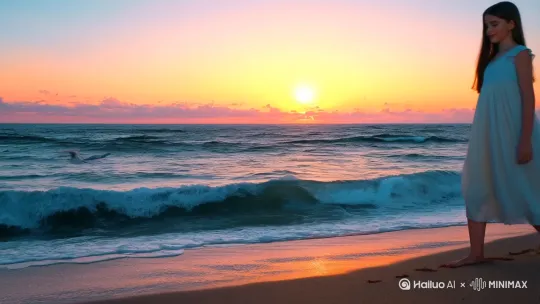 视频脚本：唯美的姑娘在海边随着落日晚霞散步
场景 1：开场
画面：镜头从海平线缓缓升起，展现广阔的海面和即将落下的太阳。
色调：温暖的橙色和粉色交织，柔和的晚霞铺满天空。
音效：轻柔的海浪声和远处海鸥的鸣叫声。
场景 2：姑娘的出现
画面：一个穿着轻盈长裙的姑娘出现在画面中，她赤脚走在沙滩上，裙摆随风轻轻飘动。
色调：姑娘的裙子是淡雅的米色或浅蓝色，与晚霞的颜色相得益彰。
音效：轻柔的风声和姑娘的脚步声。
场景 3：漫步
画面：姑娘沿着海岸线缓缓前行，时而低头看着脚下的沙滩，时而抬头欣赏晚霞。
镜头：使用慢动作捕捉姑娘的步伐和表情，展现她的宁静与美丽。
音效：背景音乐渐渐响起，是一首悠扬的钢琴曲。
场景 4：互动
画面：姑娘停下脚步，弯腰捡起一片贝壳，放在手心仔细端详。
镜头：特写镜头展示贝壳的细节和姑娘的微笑。
音效：轻柔的风声和海浪声继续，背景音乐稍微增强。
场景 5：日落
画面：太阳逐渐沉入海平面，天空被染成绚丽的红色和紫色。
镜头：镜头拉远，展现姑娘与日落融为一体的美丽画面。
音效：背景音乐达到高潮，海浪声和风声交织在一起。
场景 6：结束
画面：姑娘继续漫步，渐渐消失在晚霞的余晖中。
镜头：镜头缓缓拉远，聚焦在海天交接处。
音效：背景音乐渐渐减弱，最后只剩下轻柔的海浪声。 by Hailuo AI Video Generator