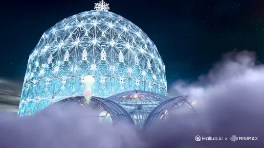 一座漂浮在云端的水晶温室，外观呈几何雪花造型。内部划分为四个透明穹顶空间，分别对应四季主题。每期故事由守梦人（半透明水母形态）带领观众进入不同区域。

🎬 基础模板：
【0:00-0:30】片头动画
镜头从星空缓缓降入云海，水晶温室逐渐浮现
环境音：远距离雷声（低频处理）+ 羽毛飘落声 by Hailuo AI Video Generator