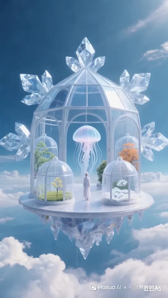 一座漂浮在云端的水晶温室，外观呈几何雪花造型。内部划分为四个透明穹顶空间，分别对应四季主题。每期故事由守梦人（半透明水母形态）带领观众进入不同区域。

【4:31-5:00】场景转化
守梦人触须轻触墙面引发水墨晕染转场
音效：湿毛笔划过宣纸的声音由近及远。比例 9:16。 by Hailuo AI Video Generator