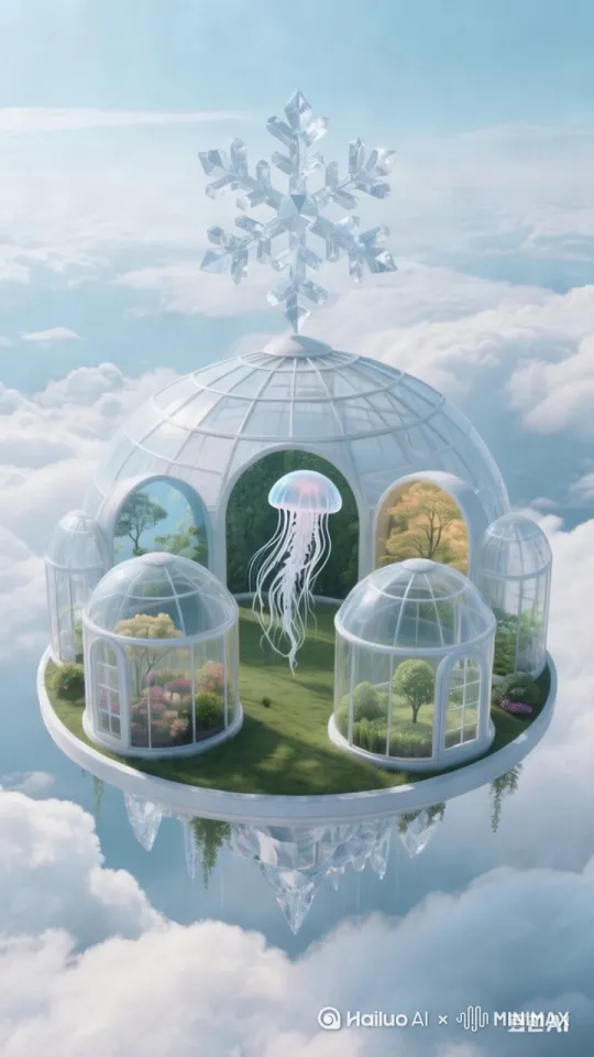 一座漂浮在云端的水晶温室，外观呈几何雪花造型。内部划分为四个透明穹顶空间，分别对应四季主题。
🎬 基础模板：
【0:00-0:30】片头动画
镜头从星空缓缓降入云海，四个水晶温室逐渐浮现 by Hailuo AI Video Generator