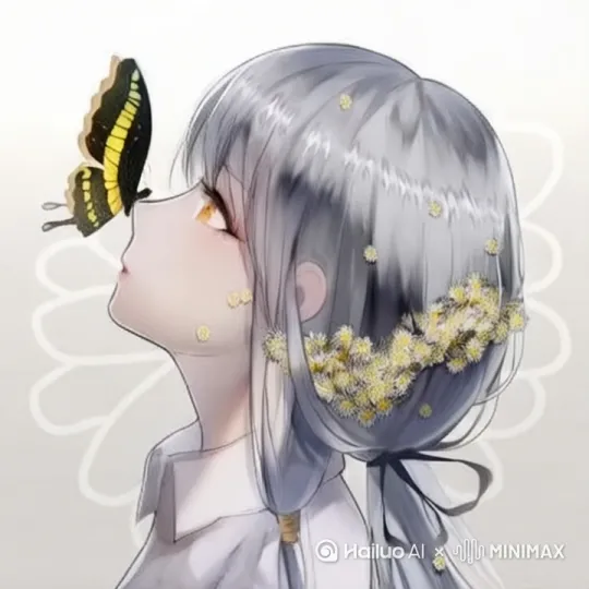 蝴蝶飞走，女孩低头，头发随风摇摆 by Hailuo AI Video Generator