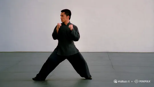 ‌五步拳口诀‌
‌核心口诀‌：
动作清晰，力点准确，上肢舒展，下肢稳固，动的迅猛，静的突然。‌

‌动作分解与要领‌
‌起势‌

两脚并步，抱拳腰间，头转向左，目视左方。
易错：未挺胸收腹或拳心未朝上。

‌弓步冲拳‌

左脚迈步成左弓步，左手平搂后收拳，右拳前冲（力达拳面）。
易错：后腿未蹬直或搂手动作缺失。‌
‌弹踢冲拳‌

重心前移，右腿弹踢（大腿带小腿），同时左拳前冲，右拳收回。
易错：弹踢无力或重心不稳。‌
‌马步架打‌

右脚内扣落地成马步，左掌上架头顶，右拳侧冲。
要领：马步需收胯，双膝外展。
‌歇步冲拳‌

双腿交叉下蹲成歇步，左拳冲出，右拳收腰。
易错：臀部未坐实后腿脚跟。‌
‌仆步穿掌‌

左腿伸直成仆步，左掌沿腿内侧穿出（力达指尖）。
要领：仆步需一腿全蹲，一腿绷直。‌
‌虚步挑掌‌

右脚上步成虚步，右掌上挑，左勾手后摆。
注意：重心在后腿，避免前倾。‌
‌收势‌

并步抱拳，目视前方，恢复起势姿势。‌
‌技术要点‌
‌姿势‌：头正颈直，挺胸敛臀，下肢稳如松。‌
‌眼法‌：手眼相随，眼神传达招式意图。‌
‌劲力‌：刚柔并济，发力时如闪电，收势时如凝山。写实 by Hailuo AI Video Generator