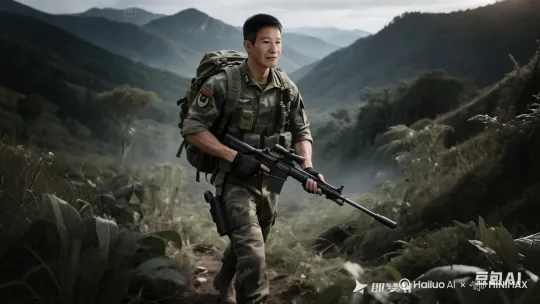 男子向右侧小心右移，发现敌情，立即举枪瞄准射击，枪口间断射出火光。镜头右移，左摇。 by Hailuo AI Video Generator