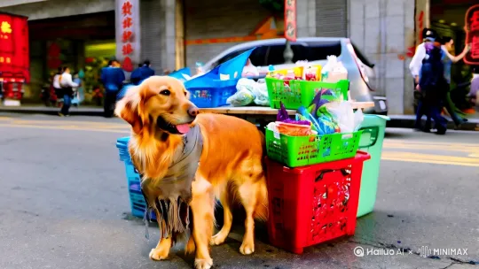 一只身穿破烂衣服的金毛狗在王府井大街上摆地摊卖东西，城管从远处过来了，金毛狗怕城管，它跑了。要求高请电影效果，真实场景。[右移,左摇,跟随] by Hailuo AI Video Generator