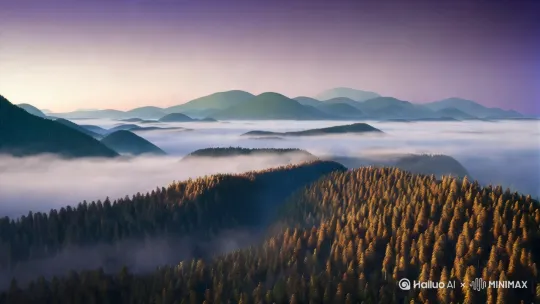 镜头（开场）  
画面：俯视镜头穿透晨雾，森林轮廓在靛蓝色天幕下起伏如巨兽脊背  
运镜：缓慢下移伴随雾气流动  
景别：大全景  
细节：树冠间隙透出极细的鎏金光线，远处山峦呈现《幽灵公主》式的青黛色渐变  
色调：冷灰蓝→雾紫渐变 by Hailuo AI Video Generator