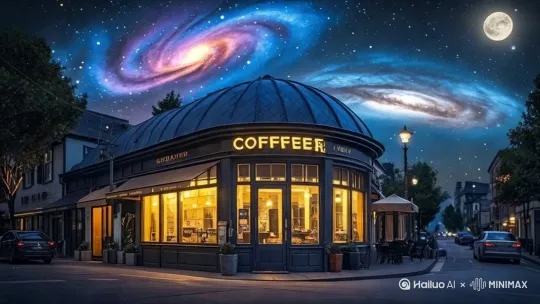 镜头从璀璨星空缓慢下移，展现星空下静谧的【 EIVISSA】咖啡馆外观，暖黄色灯光透过玻璃窗透出，营造温馨氛围 by Hailuo AI Video Generator