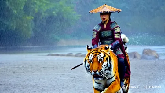 横移镜头，全身像，女侠客头戴斗笠骑着老虎在雨中驰骋，背景场景不断切换，8K高清，高亮，电影质感，比例9：16 by Hailuo AI Video Generator