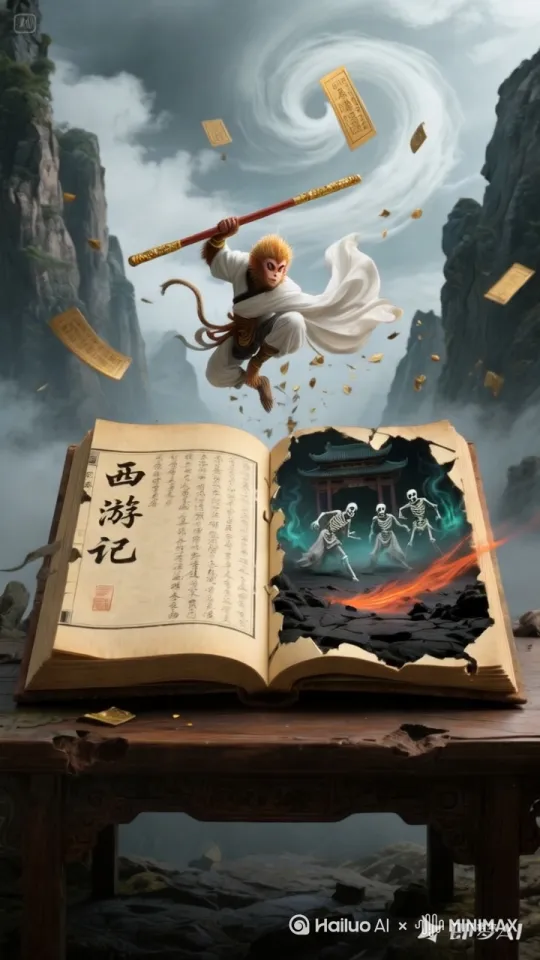 孙悟空怒目圆睁高举金箍棒，白骨精幻化三道残影仓皇后退，地面裂痕中迸发黑色妖气，破败寺庙场景中国风岩彩质感，橙红色武器轨迹与冷青色妖雾形成色彩对冲，高速动态模糊展现棍棒挥 by Hailuo AI Video Generator