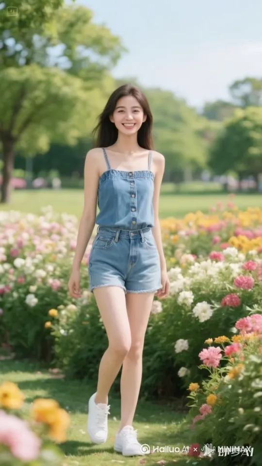 美女向仙女一样飞在空中，轻松到在空中滑行，双臂向两侧伸展，头部向前捕捉平滑水平飞行的感觉。头发衣服随风摇摆。下面有花田和乡村运动模糊和光系增强了速度感和流畅感快速移动。 by Hailuo AI Video Generator