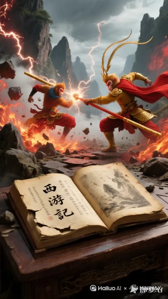 真假美猴王激烈对战，碰撞出火花和闪电，周围山石崩裂云雾翻滚，金箍棒不能变形 by Hailuo AI Video Generator