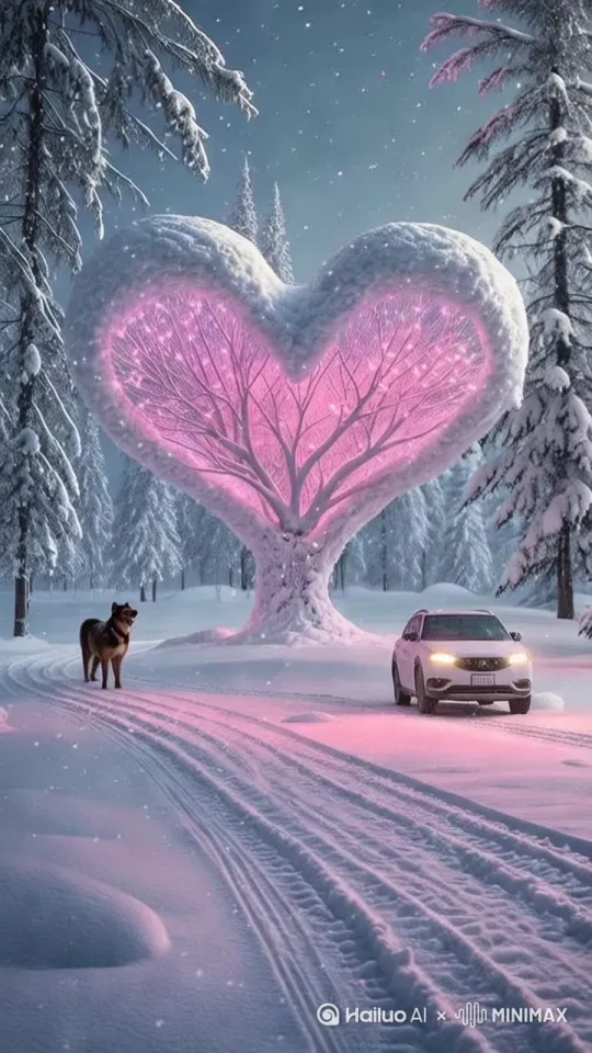 [右移,跟随]大雪纷飞！车子向前方行驶中，狗奔跑追着车子 by Hailuo AI Video Generator