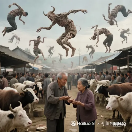 镜头移动，动态跟随，右边的老人率先发起攻击，它左腿猛地一蹬地，高高跃起，右脚如旋风般扫向左边老人的头部。老人机灵地低头闪躲，同时猛地向前一冲，用头顶向对方的腹部，左拳如雷霆万钧之势直击右边老人的侧身。右边的老人变成身穿红衣的女子，侧身一扭，避开拳头，跳起来施展出迅猛的连环踢猛踢向老人。老人迅速抽回手，右边老人突然高高跃起，向左边老人踢去，右边老人趁左边落地未稳，飞起一脚踢在左边老人的后腿上，他们的招式刚柔并济，时而是刚猛的直拳，时而是柔美的转身回旋踢。其它的人都站起身来鼓掌呐喊。 by Hailuo AI Video Generator