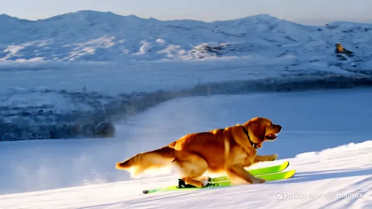 [右移,左摇,跟随]/金毛犬在雪地上滑雪十高难动作十真实场景十电影大片效果 by Hailuo AI Video Generator