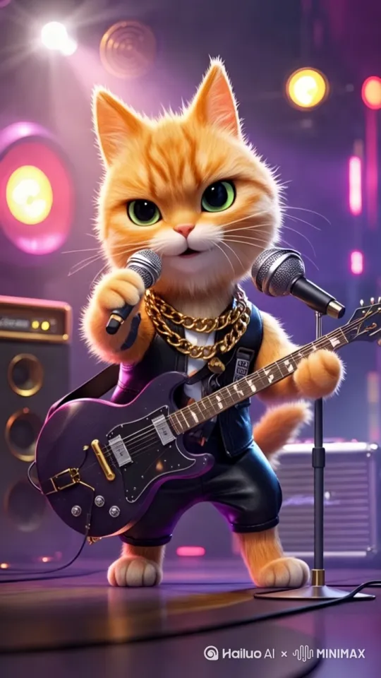 拟人化橘猫，手持电吉他，右手弹着吉他，深情唱着歌，舞蹈灯光闪耀 by Hailuo AI Video Generator