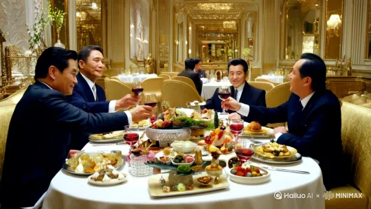 资源分配失衡 全景+特写 环绕运镜 豪华餐厅内,3个西装革履的富人(次要人物1-3)碰杯庆祝,桌上堆满山珍海味;窗外街道,主体人物1啃馒头喝凉水(特写) 11-15s 富人:西装,红酒杯,满桌食物,奢靡场景
工人:馒头,矿泉水,街角蹲坐,背景霓虹灯光 镜头环绕餐桌后推至窗户,通过玻璃倒影呈现工人画面 by Hailuo AI Video Generator