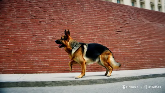 [右移,左摇,跟随][推进,上升]里德国黑背犬在大街上练抓墙，一跃翻过了八米砖墙，然后转身翻落地面，真实场景效果。 by Hailuo AI Video Generator