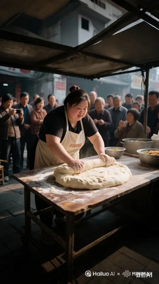 胖妹宛如功夫高手降临，只见胖妹猛的高高跃起进行托马斯回旋，同时双手闪电抓起面团在空中旋转，同时双肩同是用力向两边拉扯，面团瞬间变成面条，一条条在空中盘旋，接着胖妹一个金鸡独立，单腿稳稳支撑，另一条腿疯狂旋踢。周围人睁大眼睛，大声欢呼，拍手叫好。 by Hailuo AI Video Generator