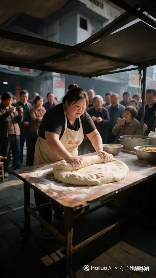 胖妹宛如功夫高手降临，只见胖妹猛的高高跃起进行托马斯回旋，同时双手闪电抓起面团在空中旋转，同时双肩同是用力向两边拉扯，面团瞬间变成面条，一条条在空中盘旋，接着胖妹一个金鸡独立，单腿稳稳支撑，双手稳稳接住面条。周围人睁大眼睛，大声欢呼，拍手叫好。 by Hailuo AI Video Generator
