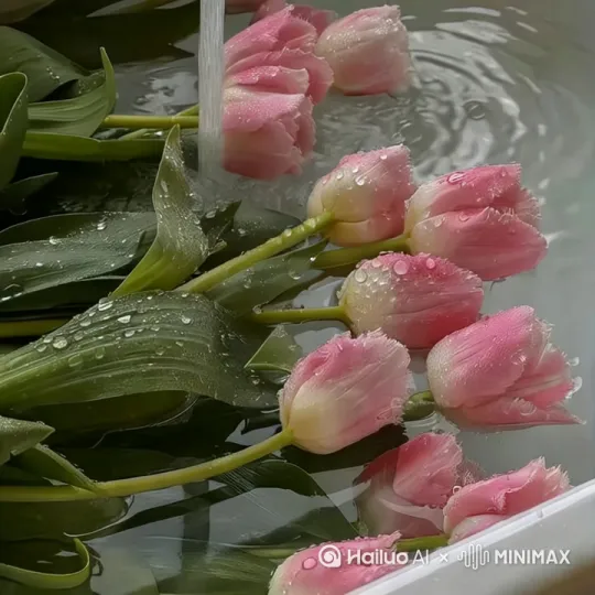 水往下冲，花被水冲的轻轻摇摆 by Hailuo AI Video Generator