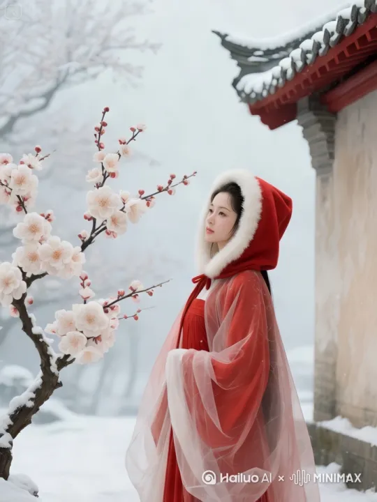 帮我生成一个视频，雪花纷纷落下，花瓣随风飘落，人物眼睛自然地看向梅花，伸一只手触碰一朵梅花。 by Hailuo AI Video Generator