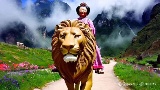 一个七十岁的女人，身穿五代风格服饰，头部五代风格，骑在一个温顺的雄师背上，慢悠悠的走在山间小路上，背景群山环绕，云雾缭绕，路边鲜花盛开，山水流趟，鸟儿歌唱，一片人与自然和谐共生共存的景象。中文。[推出,上升,下摇] by Hailuo AI Video Generator