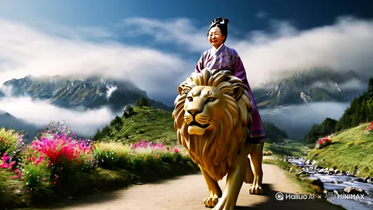 一个七十岁的女人，身穿五代风格服饰，头部五代风格，骑在一个温顺的雄师背上，慢悠悠的走在山间小路上，背景群山环绕，云雾缭绕，路边鲜花盛开，山水流趟，鸟儿歌唱，一片人与自然和谐共生共存的景象。中文。[推出,上升,下摇] by Hailuo AI Video Generator