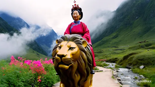 一个七十岁的女人，身穿五代风格服饰，头部五代风格，骑在一个温顺的雄师背上，慢悠悠的走在山间小路上，背景群山环绕，云雾缭绕，路边鲜花盛开，山水流趟，鸟儿歌唱，一片人与自然和谐共生共存的景象。中文。[推出,上升,下摇] by Hailuo AI Video Generator