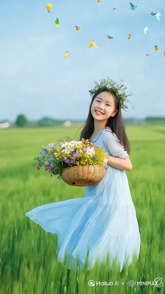 提示词：小女孩快乐地在草地上奔跑 by Hailuo AI Video Generator