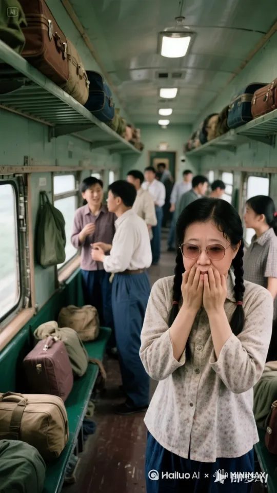火车在行驶中，车上的知青有人在车里走动，有人在唠嗑，有人打扑克，有人偷偷抹眼泪， by Hailuo AI Video Generator