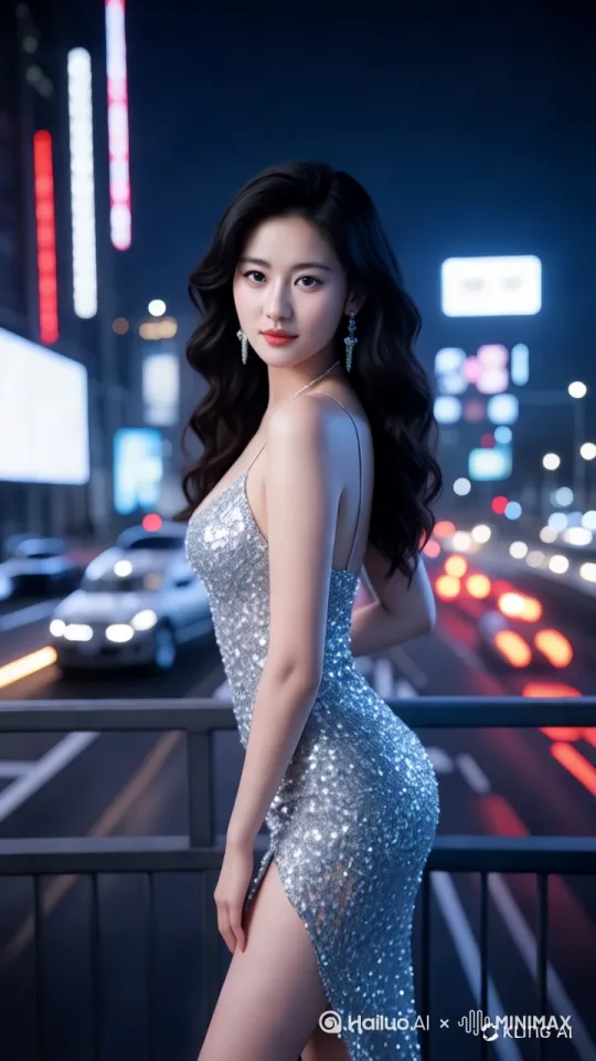 [跟随]身穿银色亮片连衣裙的女子自信地大步走过夜晚的大桥，身后是霓虹灯闪烁的城市景观，广告牌上循环播放着鲜艳的广告，汽车前灯在画面中闪烁，她的项链捕捉到了动态的光线反射，镜头左移拉近展示她甜美的笑容， by Hailuo AI Video Generator