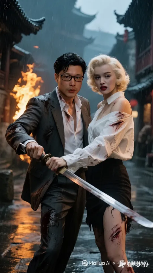 身后的建筑发生爆炸，男子弯身护着女主向前跑着，女主面露惊恐之色[推出,上升,下摇] by Hailuo AI Video Generator