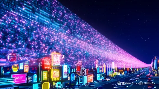 镜头从浩瀚星空缓缓推进至悬浮的赛博朋克城市，霓虹全息广告与穿梭的悬浮车交织。纳米机器人如液态金属般在透明管道中流动，逐渐聚合成发光的人形轮廓。转场至沙漠中拔地而起的生态穹顶，DNA链状结构在玻璃幕墙上螺旋上升，机械臂正在培育发光的植物幼苗。采用动态粒子特效呈现数据洪流在虚拟空间中奔涌，代码如萤火虫般从少女掌心散落，幻化成古代敦煌壁画中的飞天形象。交替运用广角镜头与微距特写，搭配蓝紫冷光与琥珀暖光的对比色调，背景音乐融合电子音效与古琴泛音，最终定格在人类与AI共同触碰发光立方体的双手特写，镜头拉远展现文明之树在星环中绽放的慢镜头。" 
[推进,上升] by Hailuo AI Video Generator