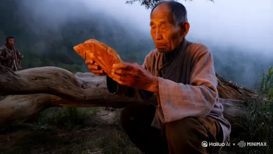 山间的雾气还未散尽，张天佑已经蹲在老槐树下摩挲那块雷击木。木纹里渗出的松脂沾在他布满细茧的指尖，恍惚间竟看见四十年前那个暴雨倾盆的夏夜——惊雷劈开这株千年古树的刹那，正是他呱呱坠地之时。

"这木头在哭呢。"十二岁的张天佑突然开口，把正在刨木花的父亲吓了一跳。张木匠看着儿子贴在树桩上的耳朵，后背泛起凉意。打从这孩子能走路起，就总爱抱着刚伐下的木材说悄悄话，那些经他抚摸过的木料，总会泛出琥珀般温润的光泽。

及至弱冠，张天佑的手艺已令四里八乡惊叹。他打的雕花床能让久病之人安眠，制的纺车会随着月光哼唱小调。最奇的是那年元宵，他送给邻村瞎眼婆婆的木鸢，竟在众人注视下扑棱棱飞上九霄，翎羽间抖落的木屑化作漫天星子。

"这不是人间该有的手艺。"镇上最大的木材商捧着金元宝上门时，张天佑正对着段阴沉木发呆。那截乌木里沉睡着三百年前的涛声，他听见商船倾覆时的哭嚎，摸到珊瑚虫在龙骨上筑巢的触感。商人悻悻而归，门槛外落下张天佑的叹息："木头记着天地间所有故事，怎堪用铜臭污了灵性？"

庚子年秋汛来得邪性，浑黄的江水漫过青石堤岸，眼看着要吞掉整个镇子。张天佑站在齐腰深的水里，掌心贴着镇河铁犀的残躯。八百年前铸造的神兽早已锈蚀，裂缝中渗出黑红色的泪。当第一缕月光穿透乌云，他忽然抄起凿刀跃入暴涨的江水中。

七天七夜，江心漩涡里浮沉着木屑与血丝。第八日朝阳初升时，人们看见张天佑跪在滩涂上，面前立着尊两人高的镇水兽。那木雕龙首龟身的怪物眼含日月，爪踏山河，背甲上二十八星宿随着江风缓缓流转。就在巨浪即将拍碎堤坝的瞬间，木兽发出穿云裂石的吼声，滔滔江水竟倒退回三十里外的峡谷。

当乡亲们举着火把寻来时，只找到半截泡发的墨斗线。张天佑常坐的槐木墩上，未完工的《鲁班天书》摊开着，最后一页画着半枚太极阴阳鱼。有人说看见他化作青烟钻进古树的年轮，也有人说暴雨夜常见年轻木匠提着灯笼在江面行走，灯笼上"张"字时隐时现，照得水中木雕泛起粼粼金光。 by Hailuo AI Video Generator