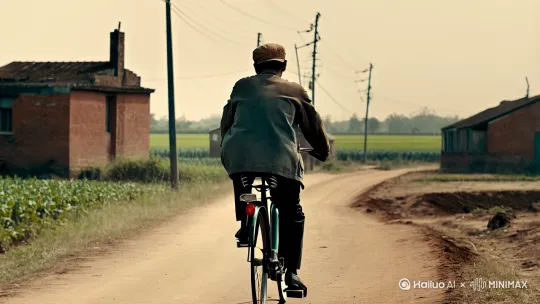 Vertical 9:16 real-life 4K cinematic footage of a man seen only from behind, riding a classic black 28-inch bicycle on a dusty dirt road in rural 1990s China. He wears a faded jacket and cloth cap. The road is uneven, surrounded by old brick houses, farmland, and utility poles. Slow-paced movement, natural lighting, muted vintage tones, slight camera shake. Evokes nostalgia and quiet resilience — realistic, poetic, emotionally grounded by Hailuo AI Video Generator