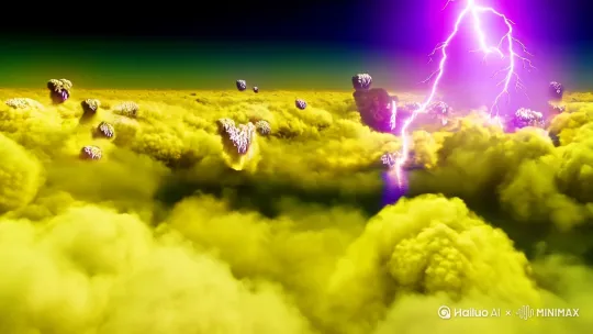 镜头从太空俯冲而下，穿透翻滚的黄绿色云层闪电如紫色巨蟒撕裂云层，硫磺风暴中火山群集体喷发特写：电弧击中海面，瞬间气化的海水形成蒸汽穹顶镜头急速下潜至热泉喷口，黑烟囱喷出霓虹气泡流视觉特效， 气泡破裂释放出全息投影般的氨基酸分子结构  微观镜头：丙氨酸分子在热涡流中旋转，羧基闪烁荧光蓝，熔岩流入海的瞬间，蒸汽爆炸形成千米高的雾柱，动态特效，熔岩冷却裂纹中迸发出发光矿物晶体 ，慢镜头：吡啶分子穿过矿物孔隙，突然自组装成链状结构，所有闪电突然同步闪烁，云层裂开透出血色阳光镜头拉升回太空，年轻地球被闪电网络包裹 by Hailuo AI Video Generator